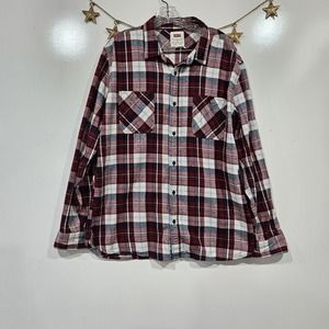 Levis Men's Burgundy Plaid Flannel Farm Western Shirt Pockets Size XLarge